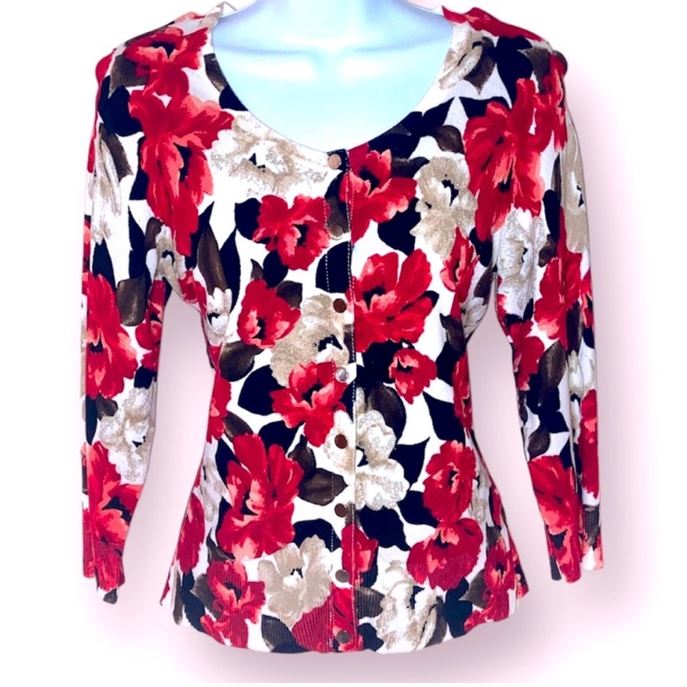 WHITE HOUSE BLACK MARKET Women's Floral Cardigan Snap Sweater Size XS